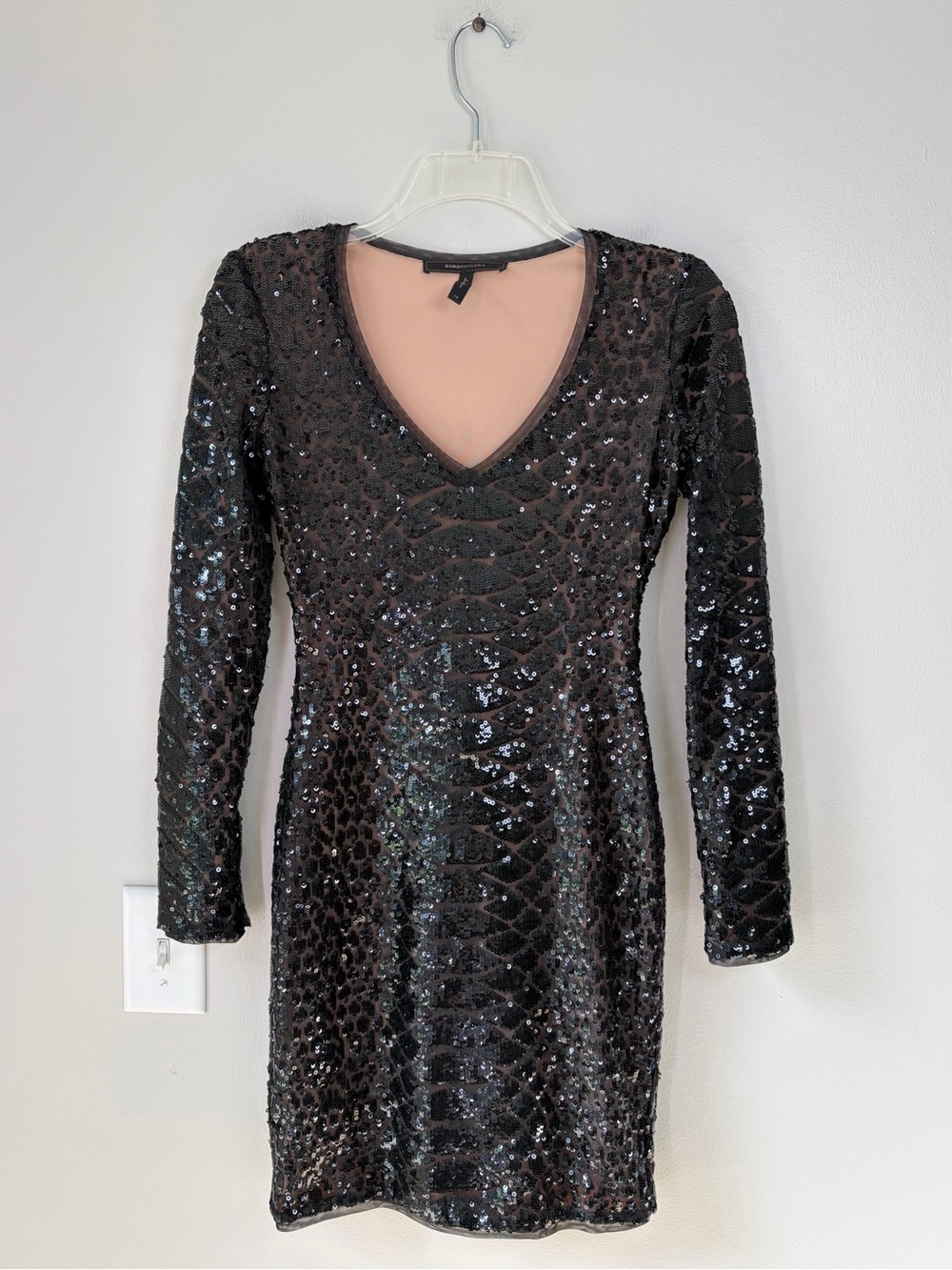 BCBGMaxArzia Black and Nude Sabryna Long Sleeve Python Sequin Dress Evening
